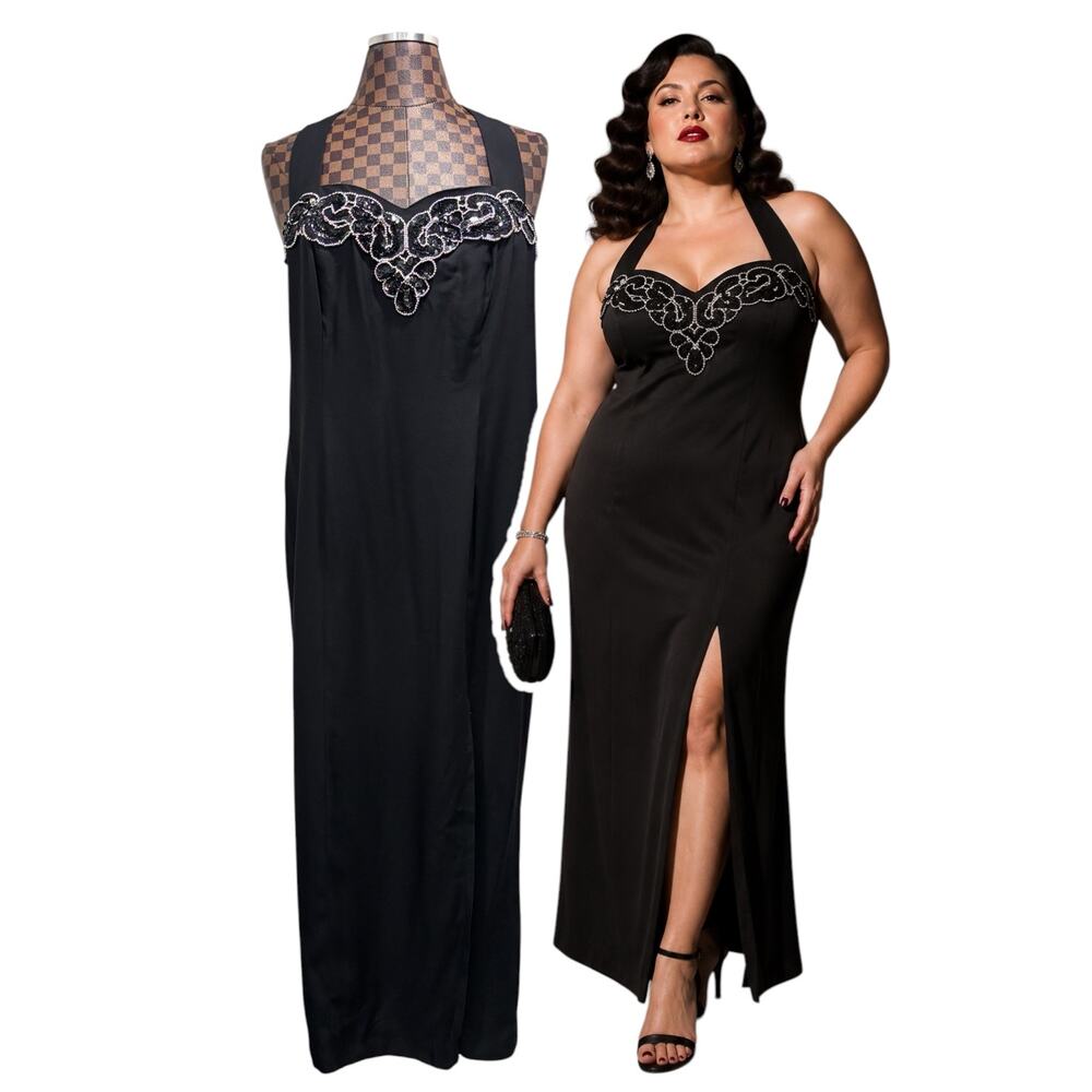 Vintage Onyx Nite 14 Black Sequin Beaded Maxi Dress Open Back USA Evening Glam